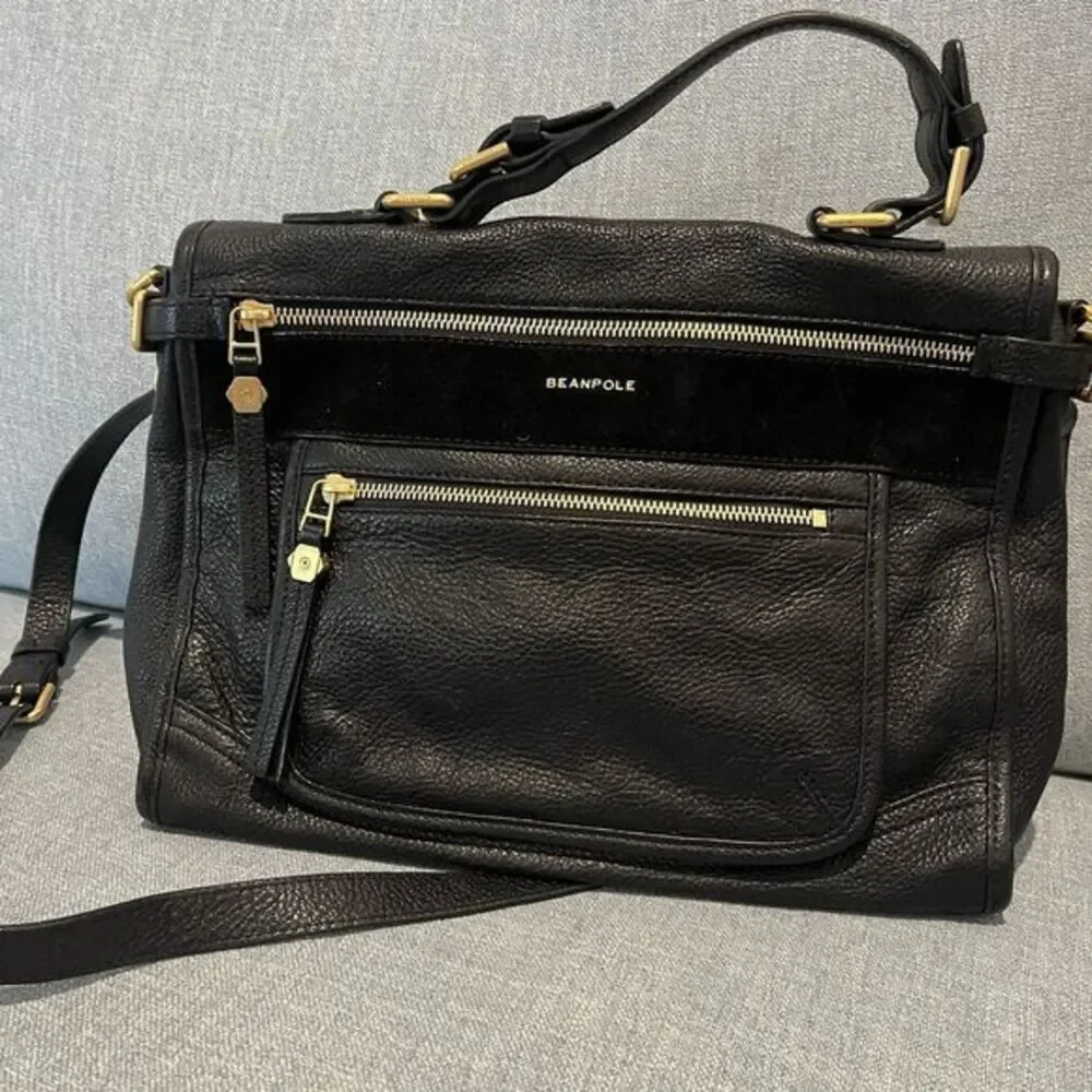 Beanpole Black Pebbled Leather Satchel Crossbody Bag Gold‎ Hardware Suede Trim